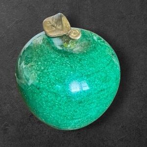 Vintage Green Marble Apple Paperweight with Brass Stem & Leaf